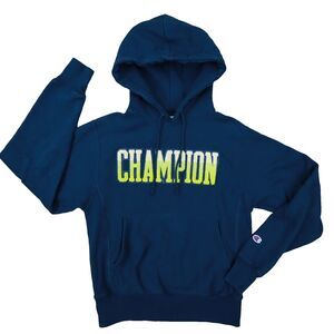 Champion Reverse Weave Teal Blue Fleece‎ Spellout Hoodie Sweatshirt Size Small